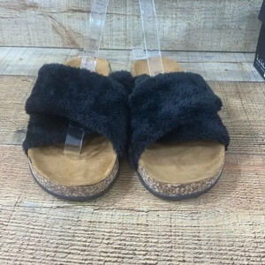 Nicole Miller Astrik Black Fur Slides Sandals Womens 7 Cross Strap